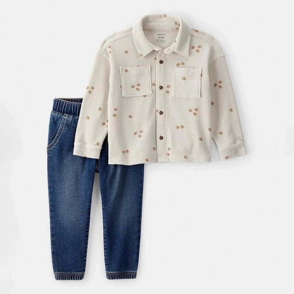 Carters Toddler Boys 2 Piece Waffle Knit Shirt and Denim Jogger Set